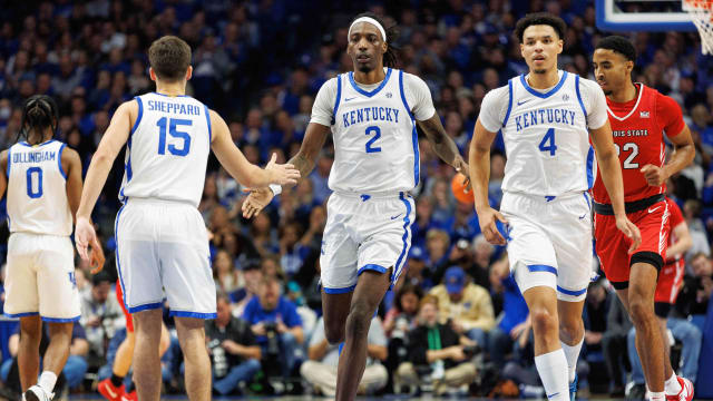Dec 29, 2023; Lexington, Kentucky, USA; Kentucky Wildcats forward Aaron Bradshaw (2) celebrates with guard Reed Sheppard (15) during the first half against the Illinois State Redbirds at Rupp Arena at Central Bank Center. Mandatory Credit: Jordan Prather-USA TODAY Sports